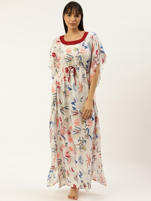 

Sweet Dreams Women Off-White & Pink Floral Print Kaftan Maxi Nightdress