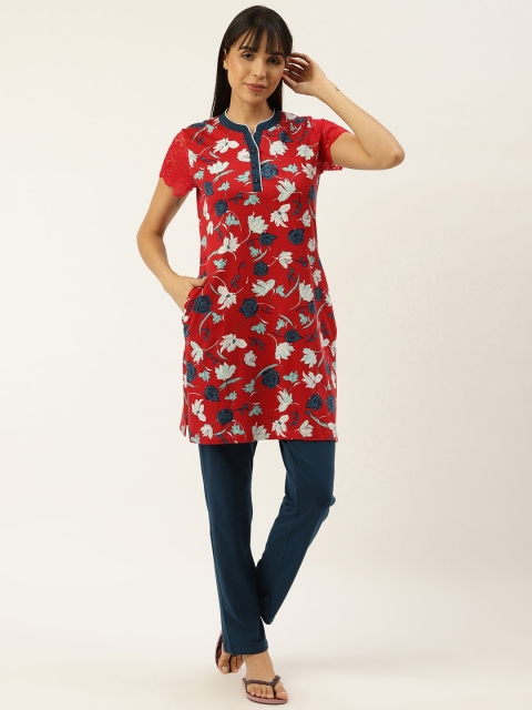 

Sweet Dreams Women Red & Navy Blue Floral Print Night Suit
