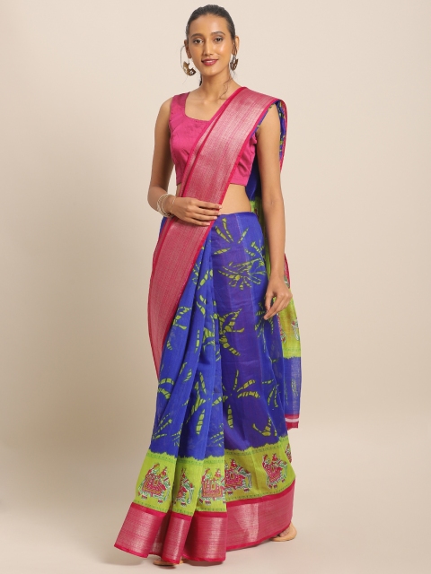 

KALINI Navy Blue & Pink Linen Blend Printed Mysore Silk Saree