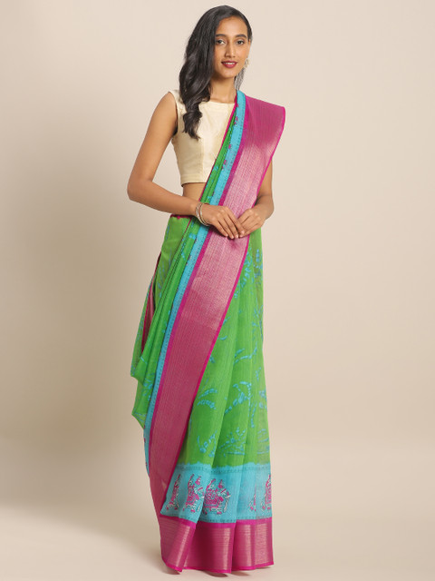 

KALINI Green Linen Blend Printed Mysore Silk Saree