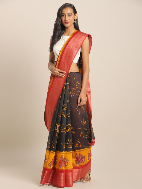 

KALINI Black & Red Linen Blend Kalamkari Printed Mysore Silk Saree