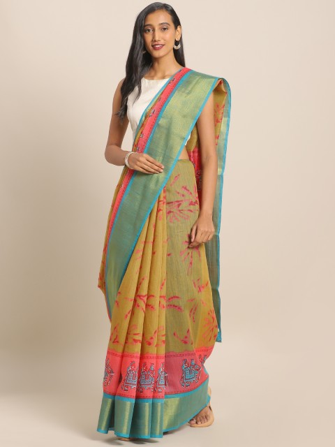 

KALINI Beige & Pink Linen Blend Printed Mysore Silk Saree