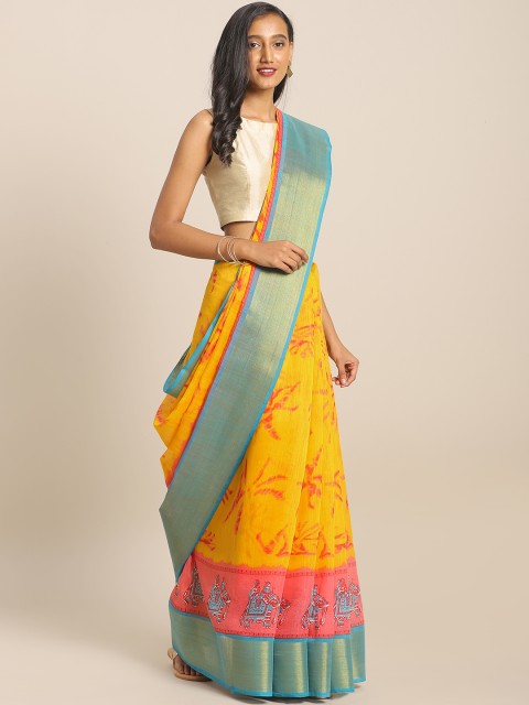 

KALINI Yellow & Pink Linen Blend Kalamkari Printed Saree