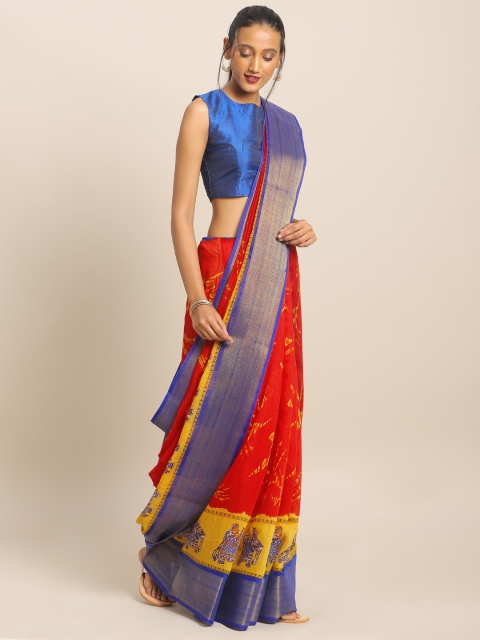 

KALINI Red & Yellow Linen Blend Printed Mysore Silk Saree