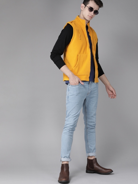 

Roadster Men Mustard Yellow Solid Sleeveless Fleece Jacket