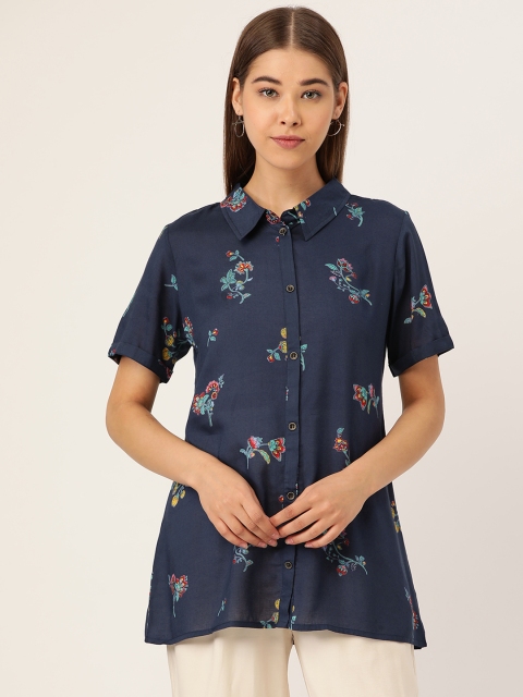 

Prakrti Women Navy Blue & Sea Green Ethnic Printed Shirt Style Top