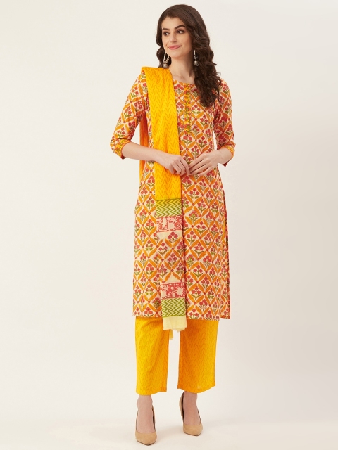 

Prakrti Women Cream-Coloured & Yellow Handblock Print Kurta with Palazzos & Dupatta