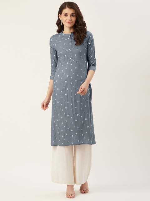 

Prakrti Women Grey & White Printed Straight Kurta