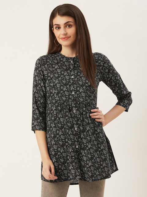 

Prakrti Women Black & White Ethnic Print Pintucks Detail A-Line Top