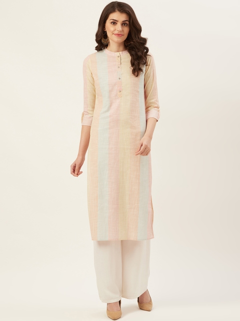 

Prakrti Women Peach-Coloured & Blue Striped Handwork Straight Sustainable Kurta