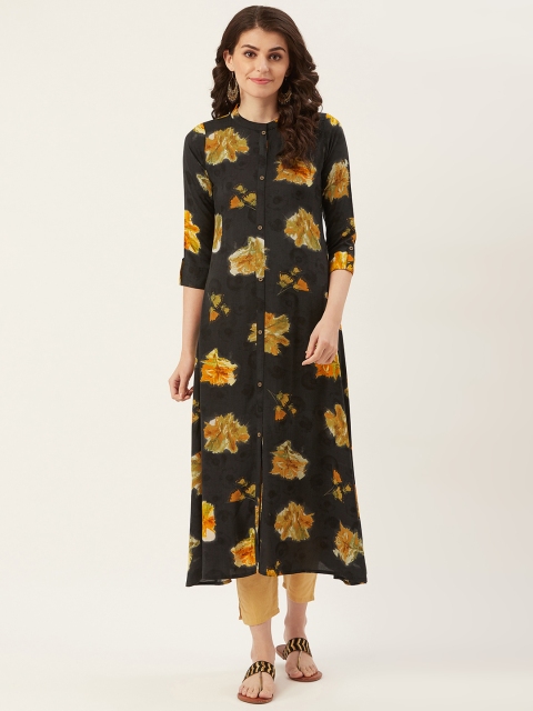 

Prakrti Women Black & Mustard Yellow Floral Print A-Line Kurta