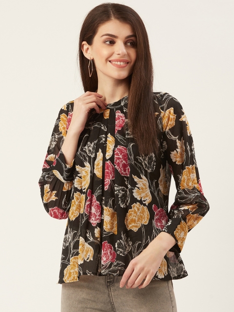 

Prakrti Women Black & Mustard Yellow Floral Printed Semi Sheer Top