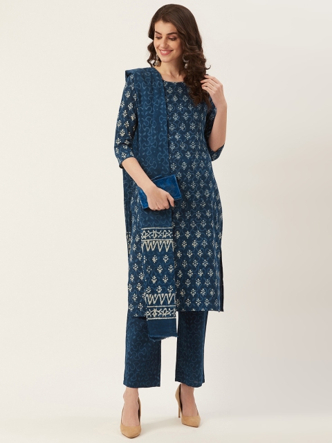 

Prakrti Women Navy Blue & Off-White Handblock Print Kurta with Palazzos & Dupatta