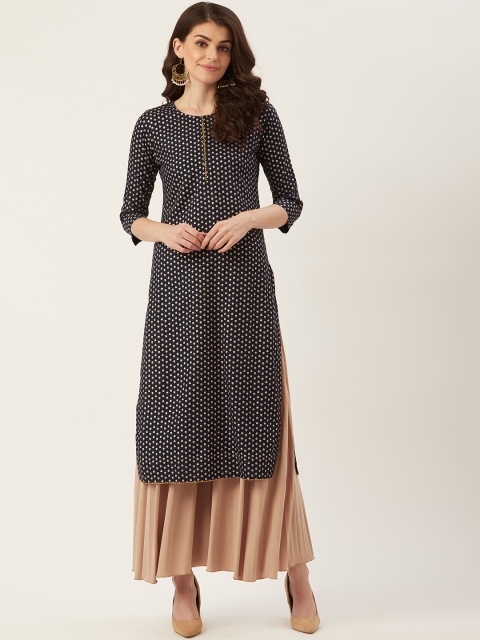 

Prakrti Women Navy Blue & Golden Printed Straight Kurta