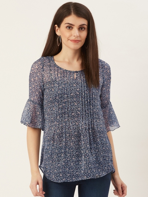 

Prakrti Women Navy Blue & Off-White Floral Printed Semi Sheer Top