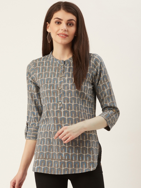 

Prakrti Women Charcoal Grey & Off-White Katha Printed Shirt Style Pure Cotton Top