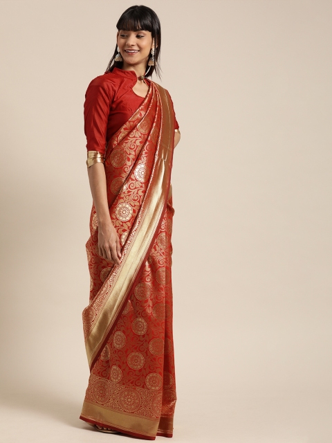 

Mitera Red & Gold-Toned Silk Blend Woven Design Kanjeevaram Saree