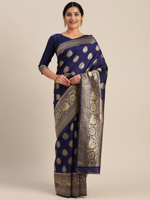 

Mitera Navy Blue & Gold-Toned Silk Blend Woven Design Kanjeevaram Saree
