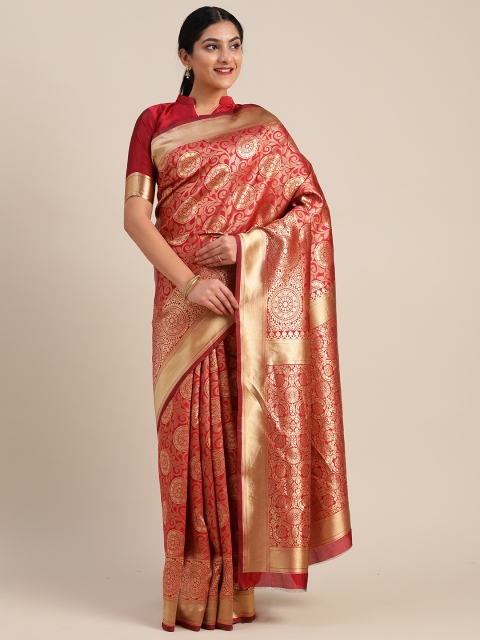 

Mitera Maroon & Gold-Toned Silk Blend Woven Design Kanjeevaram Saree