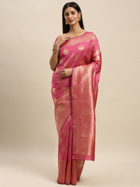 

Mitera Pink & Gold-Toned Silk Blend Woven Design Kanjeevaram Saree