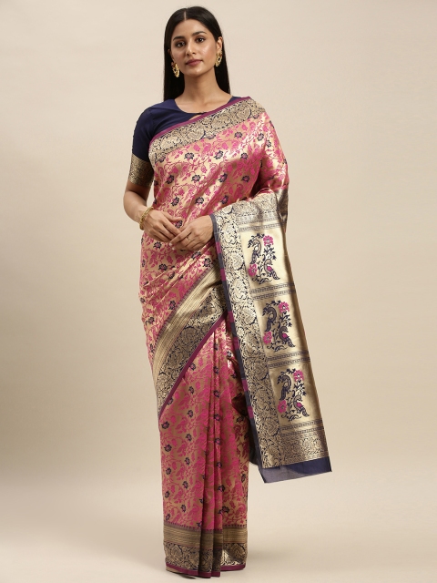 

Mitera Pink & Gold-Toned Silk Blend Woven Design Kanjeevaram Saree