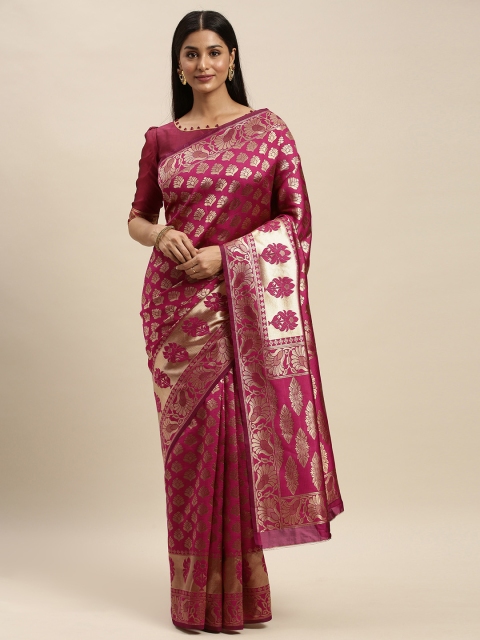 

Mitera Magenta & Gold-Toned Silk Blend Woven Design Kanjeevaram Saree