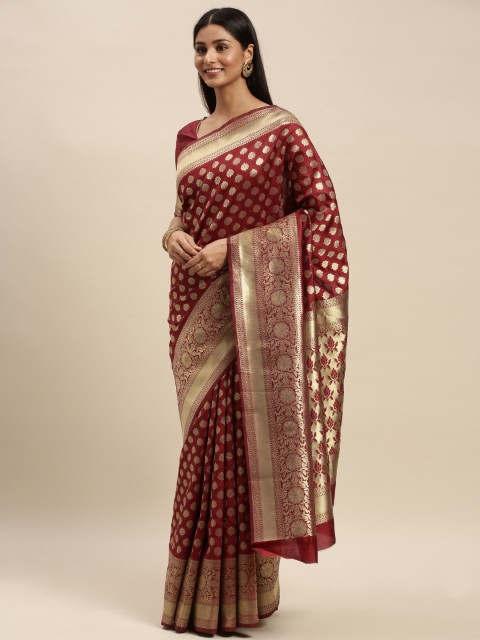 

Mitera Maroon & Gold-Toned Silk Blend Woven Design Kanjeevaram Saree