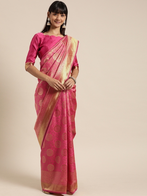 

Mitera Pink & Gold-Toned Silk Blend Woven Design Kanjeevaram Saree