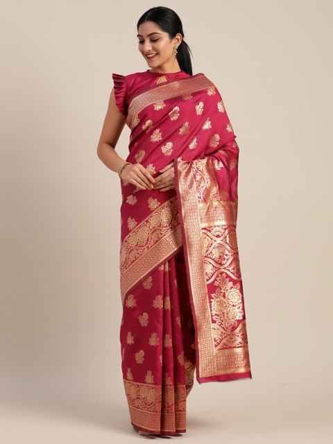 

Mitera Maroon & Gold-Toned Silk Blend Woven Design Kanjeevaram Saree