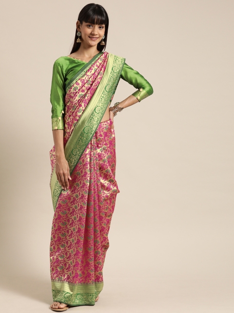 

Mitera Beige & Pink Silk Blend Woven Design Kanjeevaram Saree