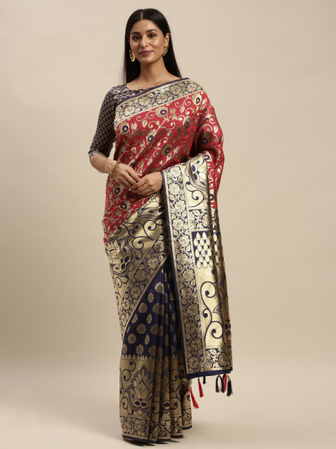 

Mitera Red & Navy Blue Silk Blend Woven Design Kanjeevaram Saree