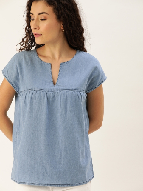 

DressBerry Women Blue Solid Woven Pleated Denim Top