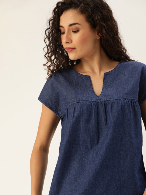 

DressBerry Women Navy Blue Solid Chambray Pure Cotton Top