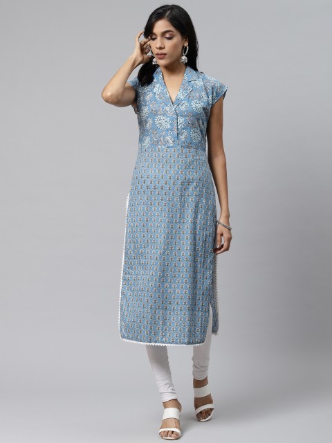 

PRIYANKA CHOUDHARY Women Blue & White Printed Straight Kurta