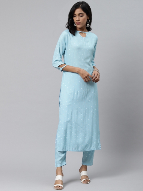 

PRIYANKA CHOUDHARY Women Blue Polka Dots Printed Kurta with Trousers