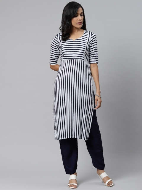 

PRIYANKA CHOUDHARY Women White & Navy Blue Striped Kurta with Trousers