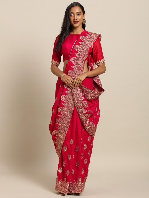 

Soch Coral Pink Embroidered Pure Raw Silk Saree