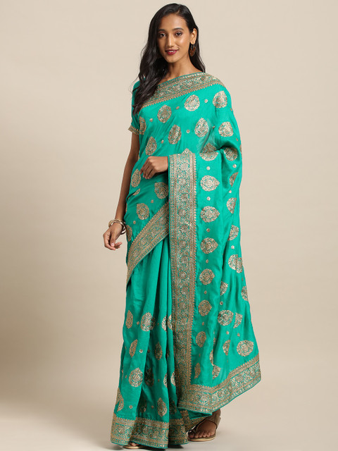 

Soch Sea Green & Gold-Toned Pure Silk Embroidered Saree