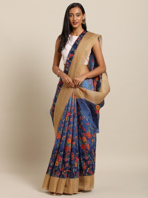 

Soch Navy Blue & Pink Pure Linen Printed Saree