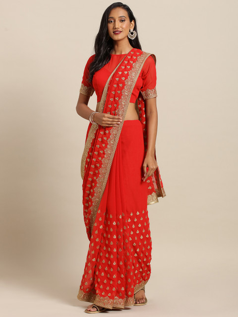 

Soch Red & Gold-Toned Pure Georgette Embroidered Saree