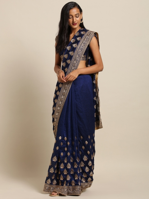 

Soch Navy Blue & Gold-Toned Pure Silk Embroidered Saree