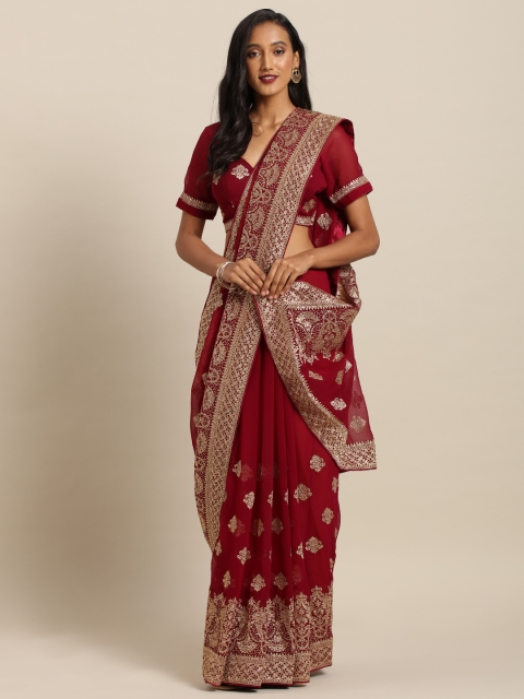 

Soch Maroon & Beige Pure Georgette Embroidered Saree