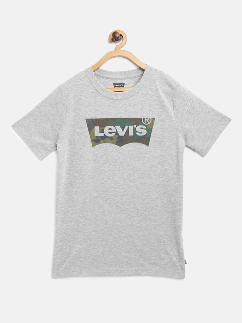 

Levis Boys Grey Melange & Olive Green Brand Logo Print Round Neck T-shirt