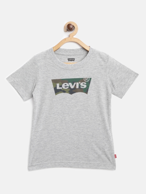 

Levis Boys Grey Melange & Olive Green Brand Logo Print Round Neck T-shirt
