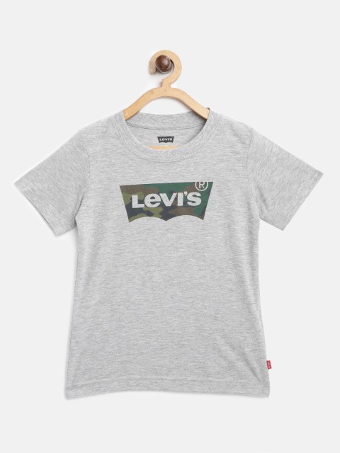 

Levis Boys Grey Melange & Olive Green Brand Logo Print Round Neck T-shirt