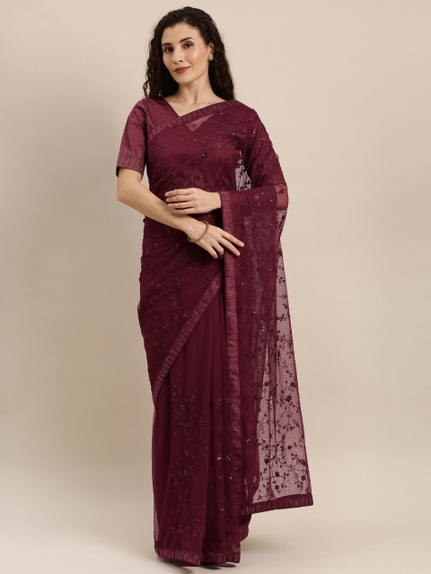 

Inddus Maroon Embroidered Net Saree With Embellished Border