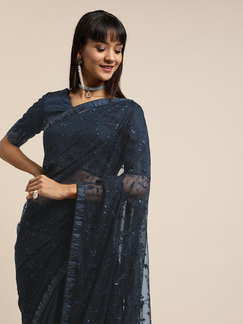 

Inddus Navy Blue Embroidered Net Saree with Embellished Border