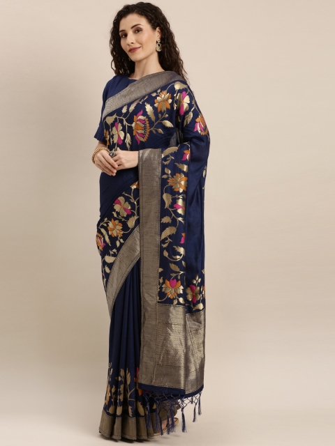 

Inddus Navy Blue Woven Design Silk Blend Saree