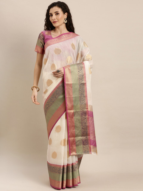 

Inddus Cream-Coloured & Pink Linen Blend Woven Design Saree