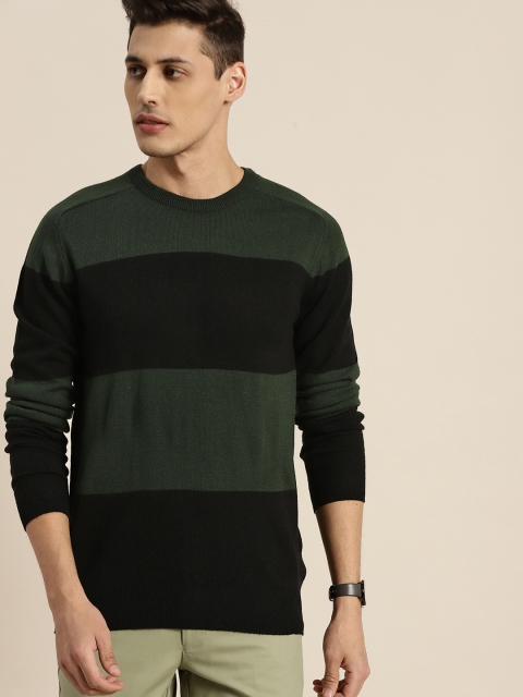 

INVICTUS Men Olive Green & Black Striped Acrylic Pullover